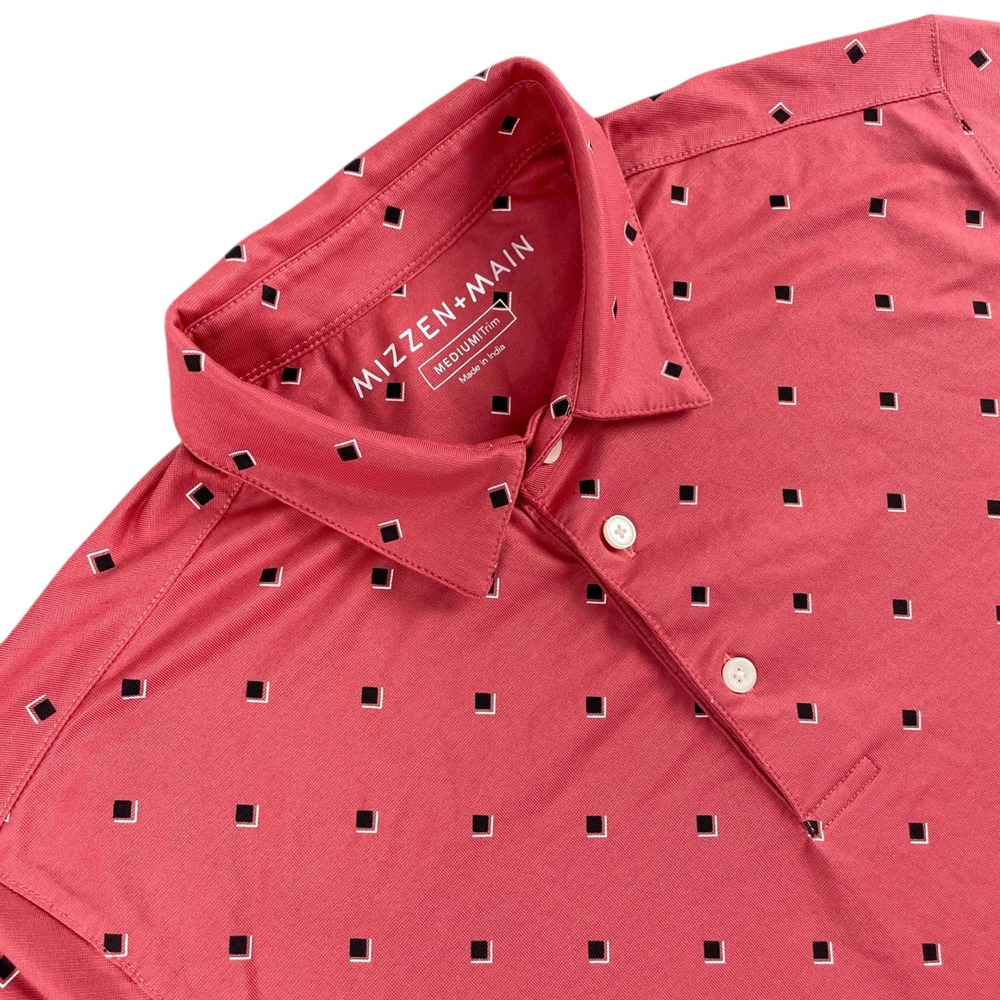 Mizzen+Main Polo Shirt Mens M Red Trim Fit Short‎ Sleeve Button Golf Geometric